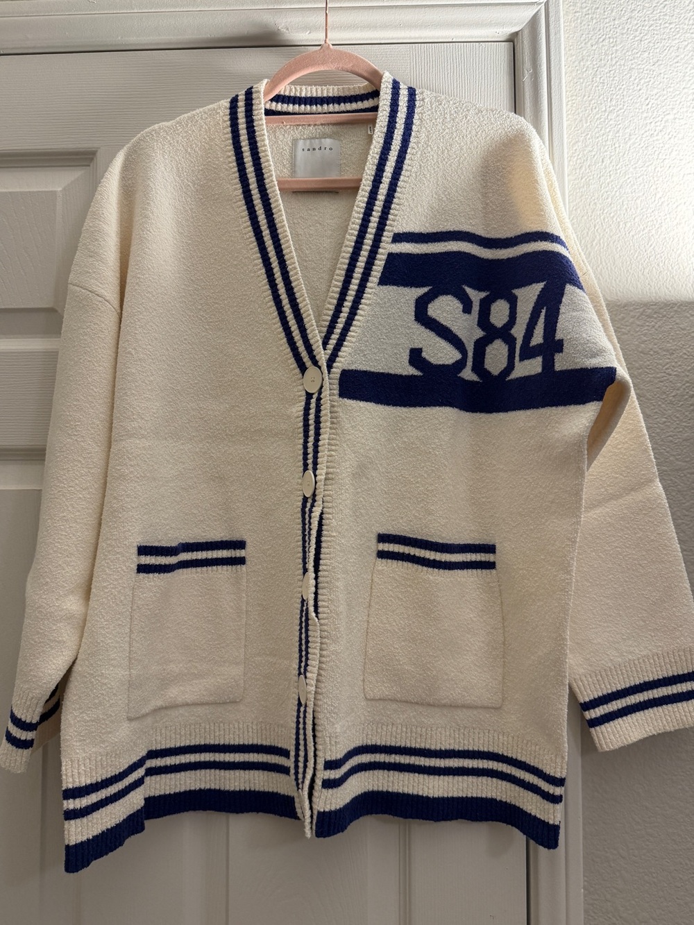 Sandro Cream White Cardigan with Navy S84 Stripe